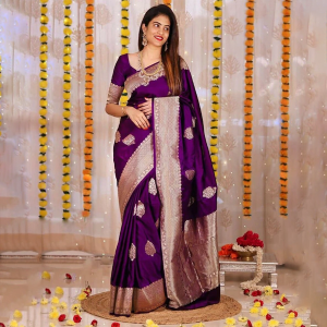 Purple and Gold-Toned Ethnic Motifs Zari Pure Silk Banarasi Saree