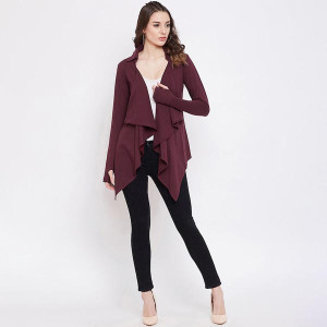 Women Maroon Solid Open Front Shrug